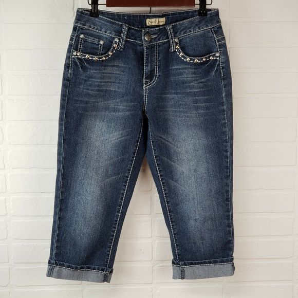 Earl Jean Crop Capri Jeans Cuffed Size 4 Bling - Picture 1 of 9
